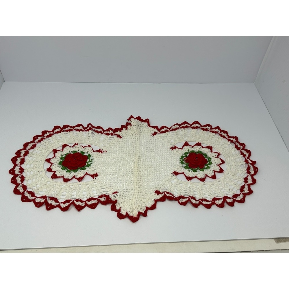 Set of 3 Vintage Handmade Crocheted Red & White Items Doily Pot Holders Pads A3